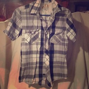 Black and white plaid OP shirt sleeve button down